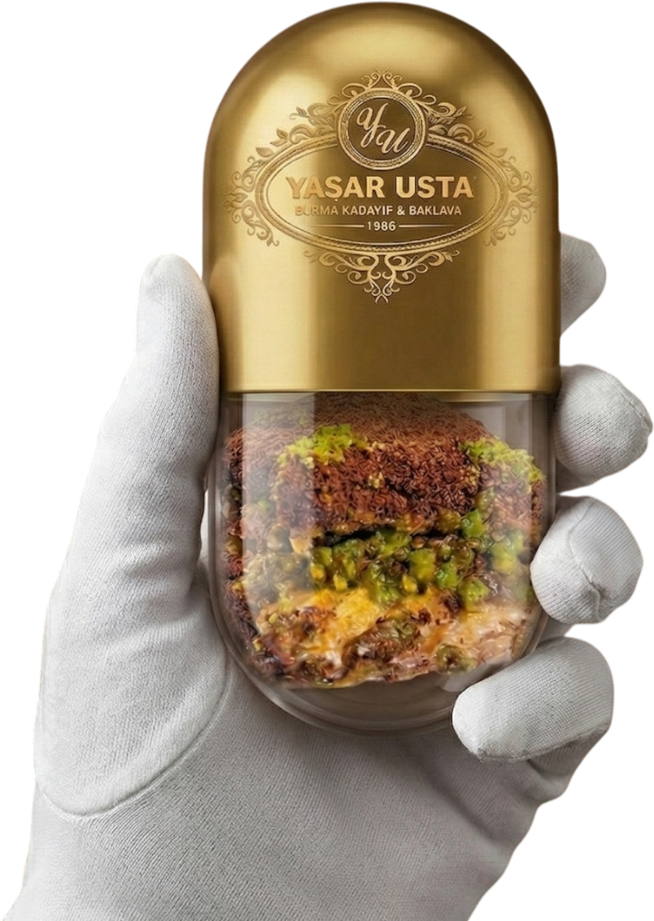 Kapsülde soğuk baklava beyaz eldiven