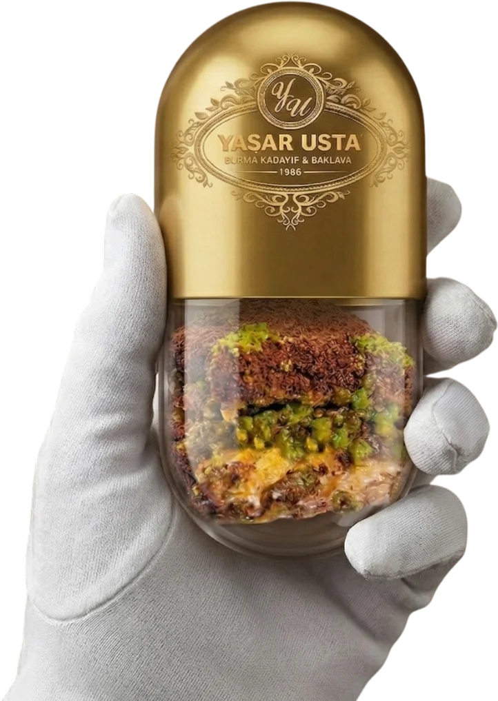 Kapsülde soğuk baklava beyaz eldiven