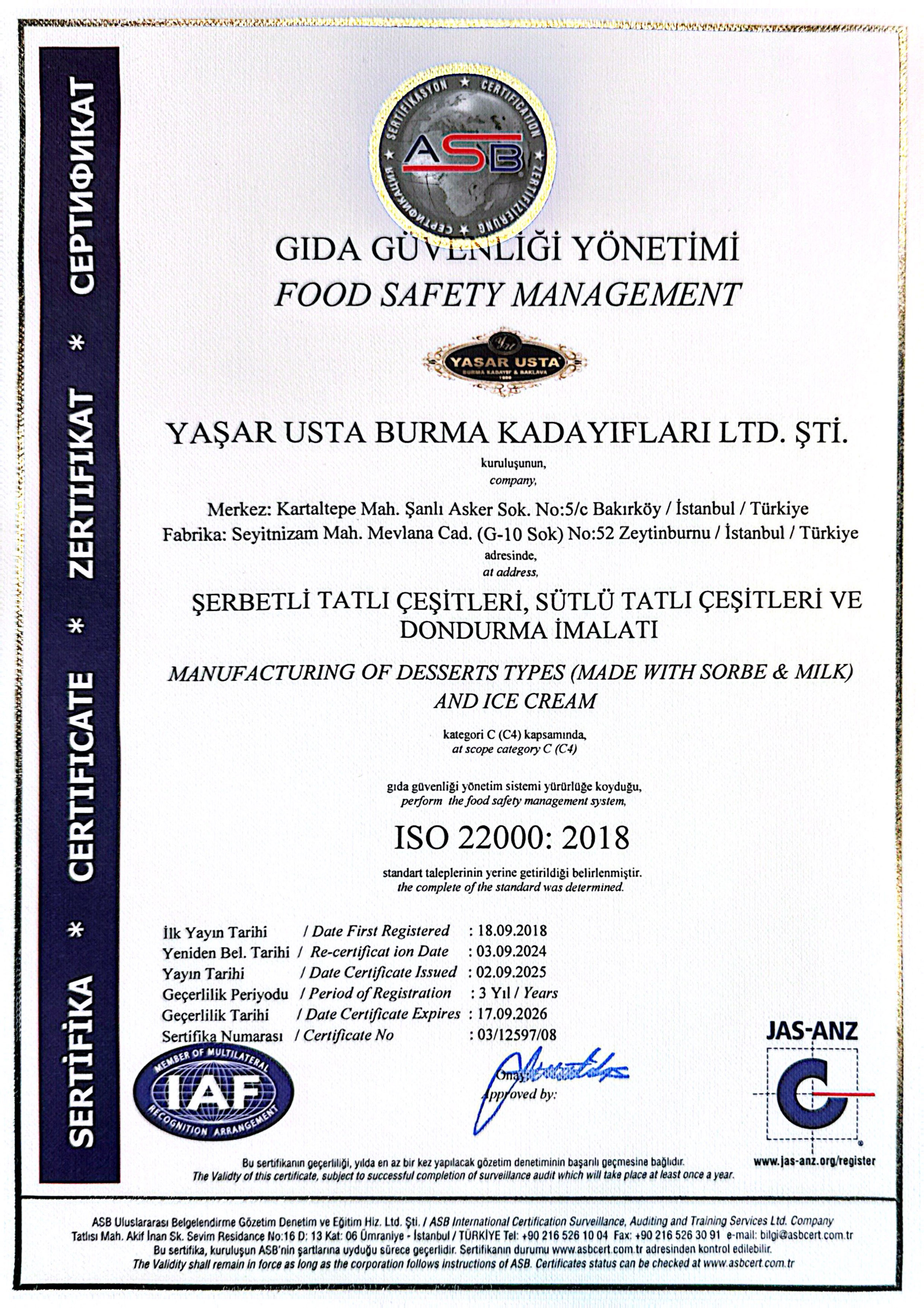 ASB ISO 22000:2018 Gıda Güvenliği Yönetimi Belgesi