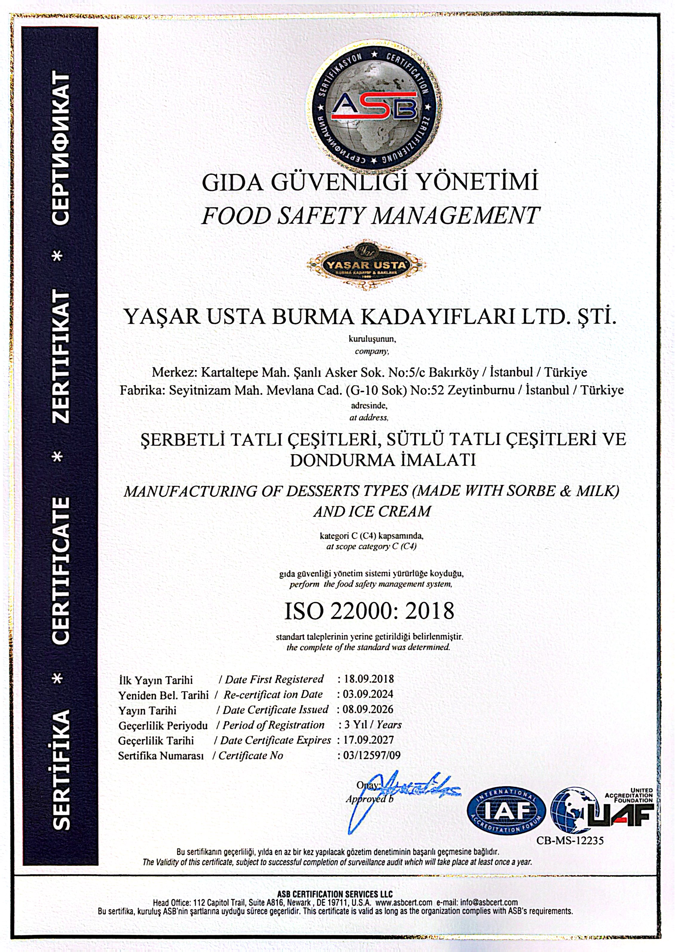 ASB ISO 22000:2018 Gıda Güvenliği Yönetimi Belgesi, 2026–2027