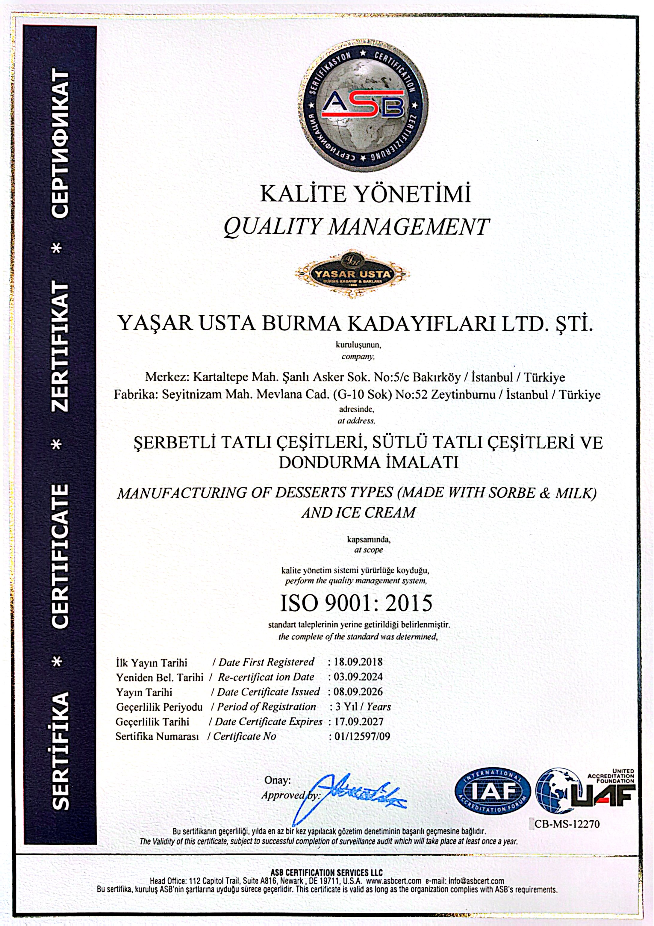 ASB ISO 9001:2015 Kalite Yönetimi Belgesi, 2026–2027