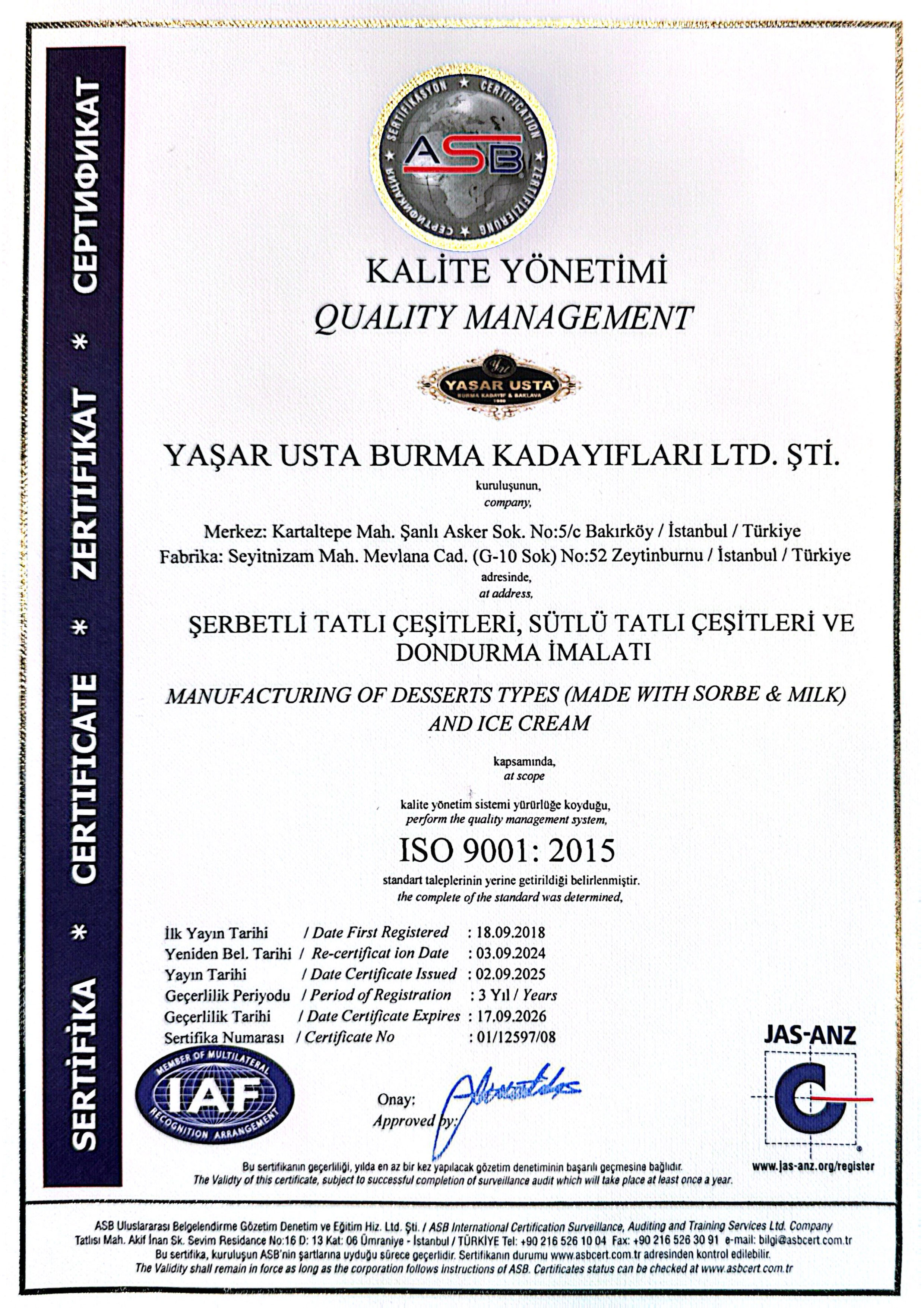 ASB ISO 9001:2015 Kalite Yönetimi Belgesi