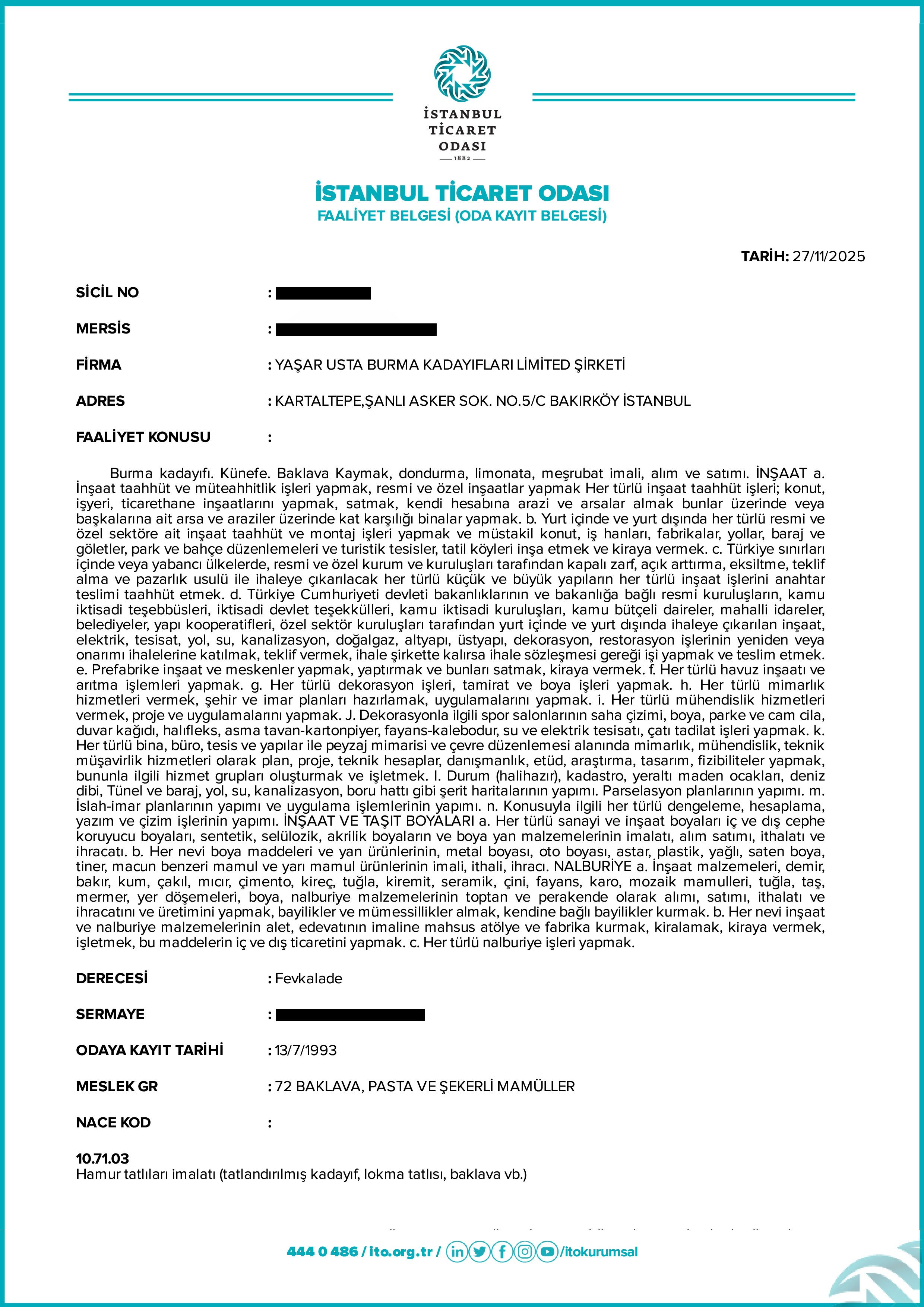 İstanbul Ticaret Odası Faaliyet Belgesi — Yaşar Usta