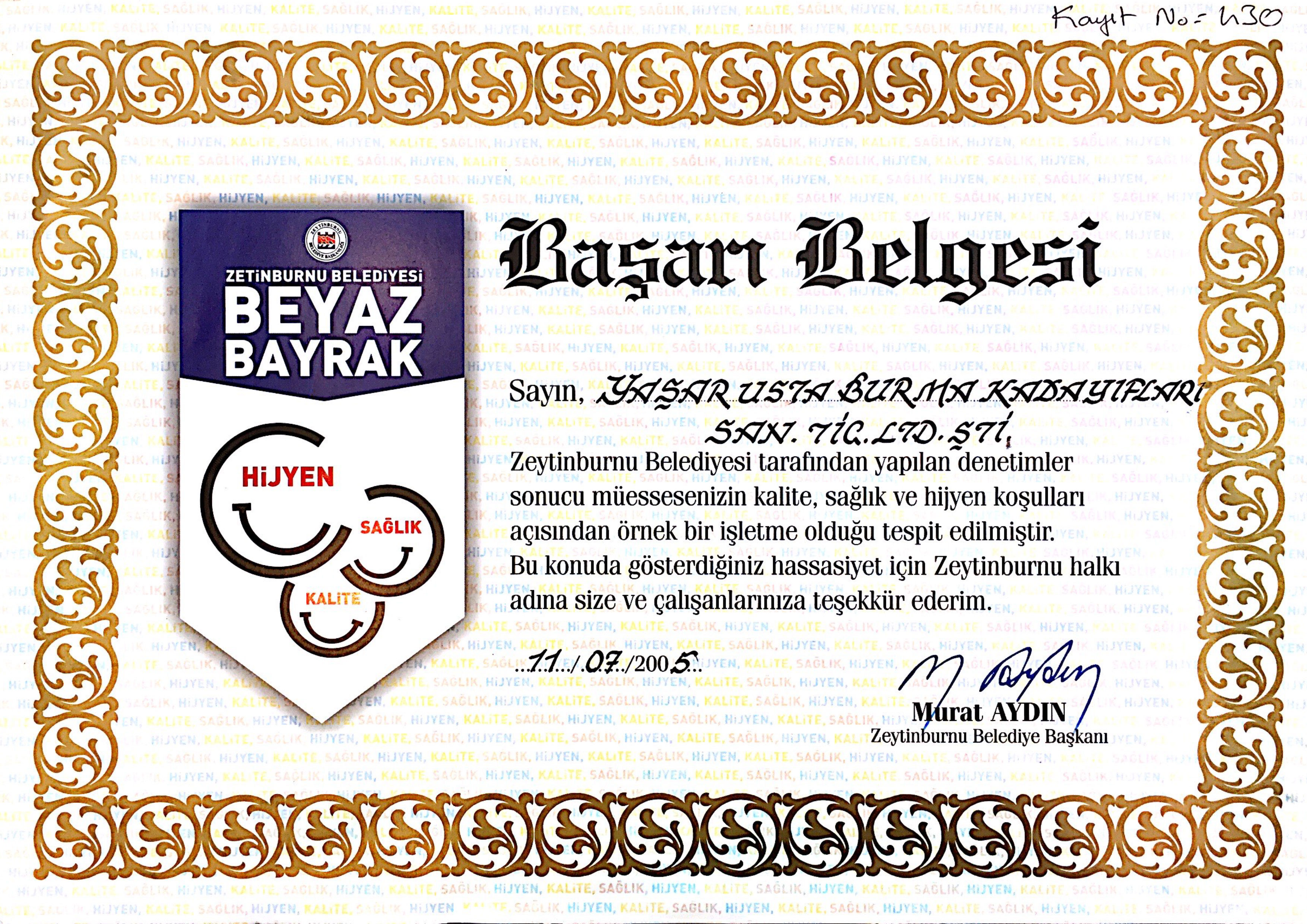Zeytinburnu Belediyesi Beyaz Bayrak Başarı Belgesi — Kayıt No: 430