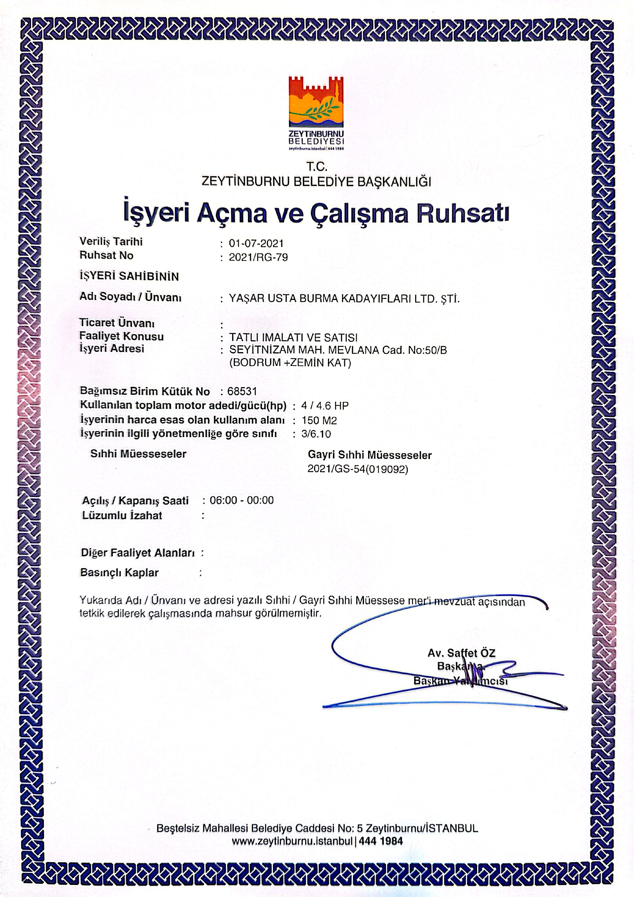 T.C. Zeytinburnu Belediyesi İşyeri Açma ve Çalışma Ruhsatı