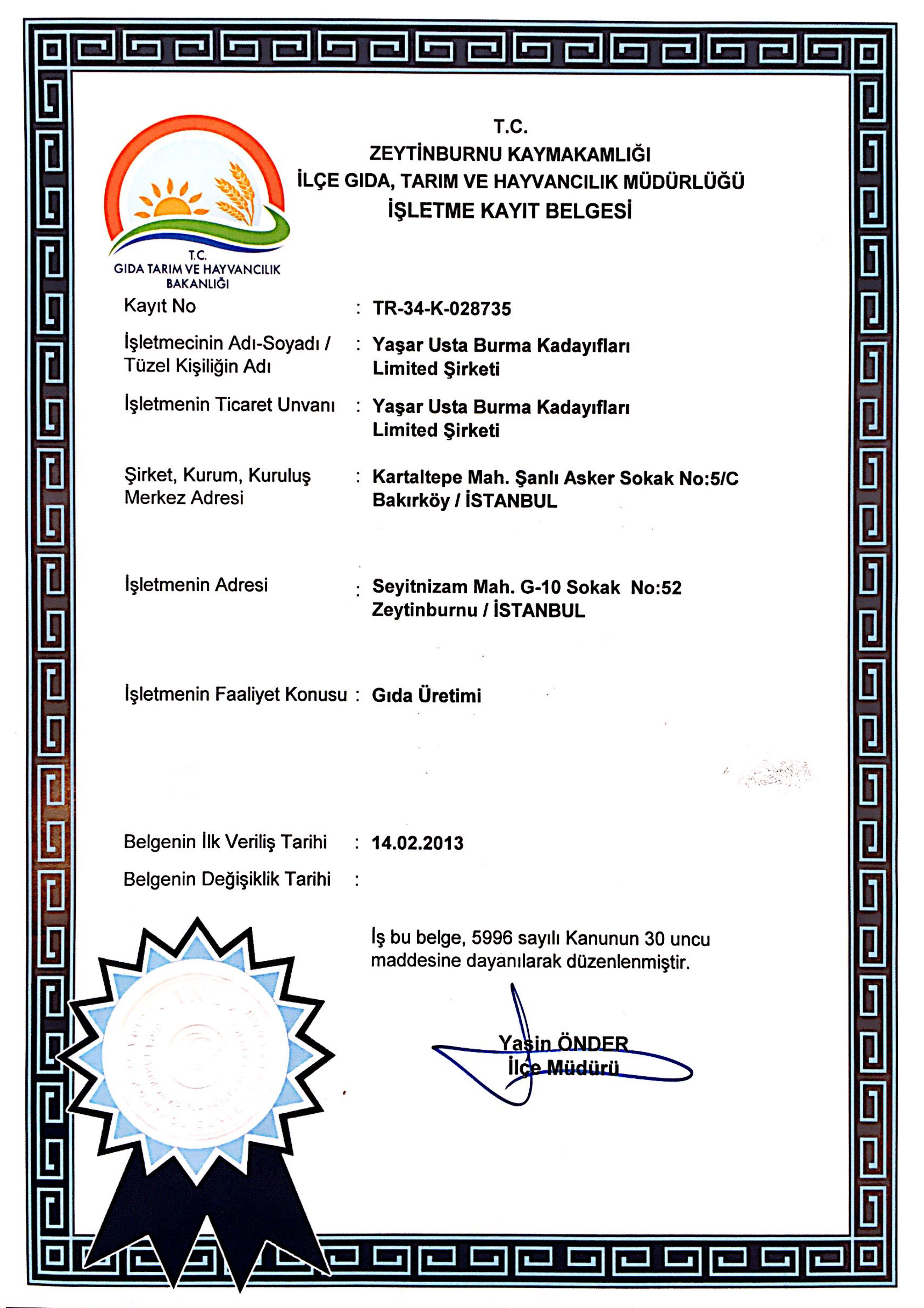 T.C. Zeytinburnu İlçe Gıda, Tarım ve Hayvancılık Müdürlüğü İşletme Kayıt Belgesi
