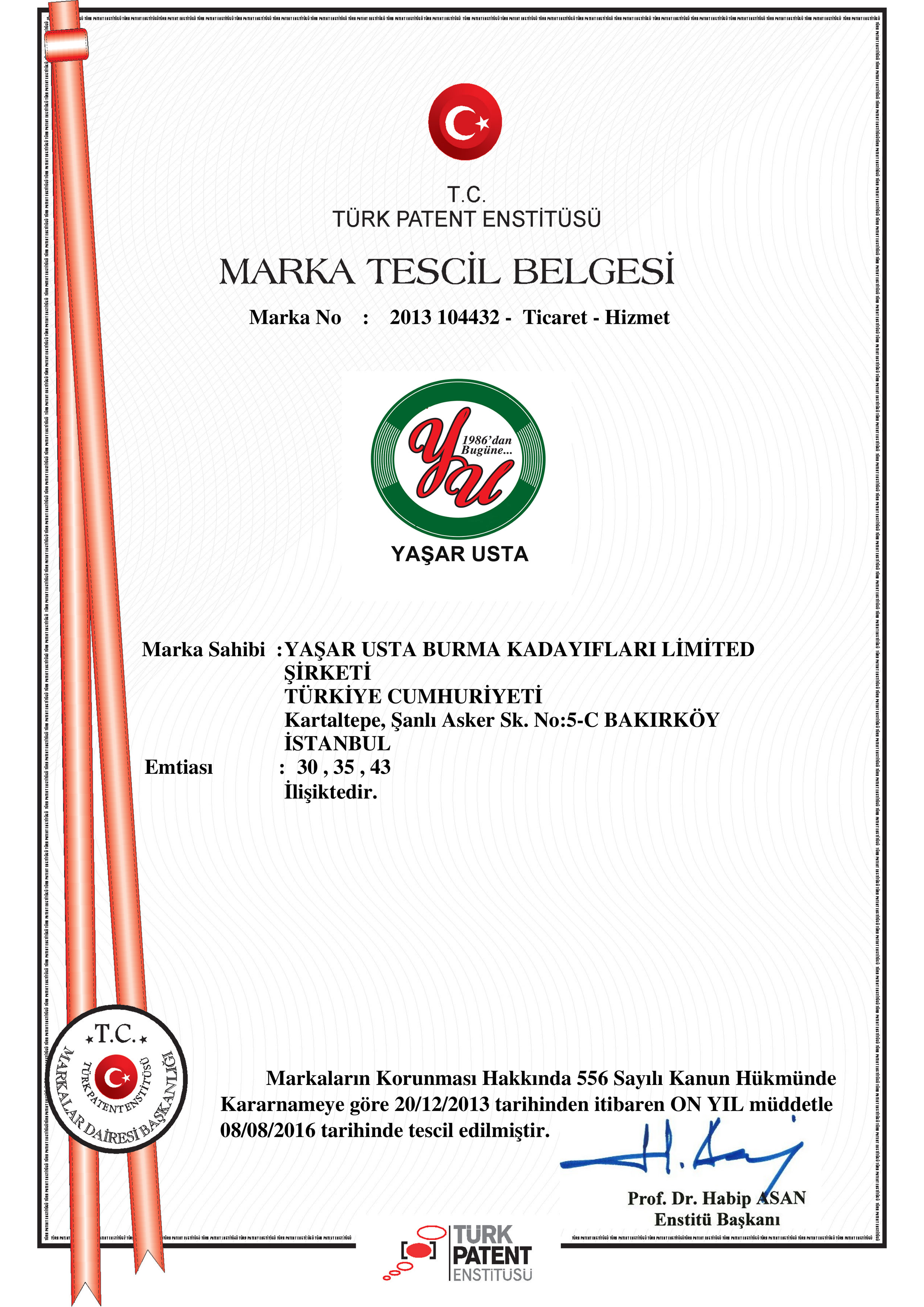 YU Yaşar Usta 1986'dan Bugüne Marka Tescil Belgesi