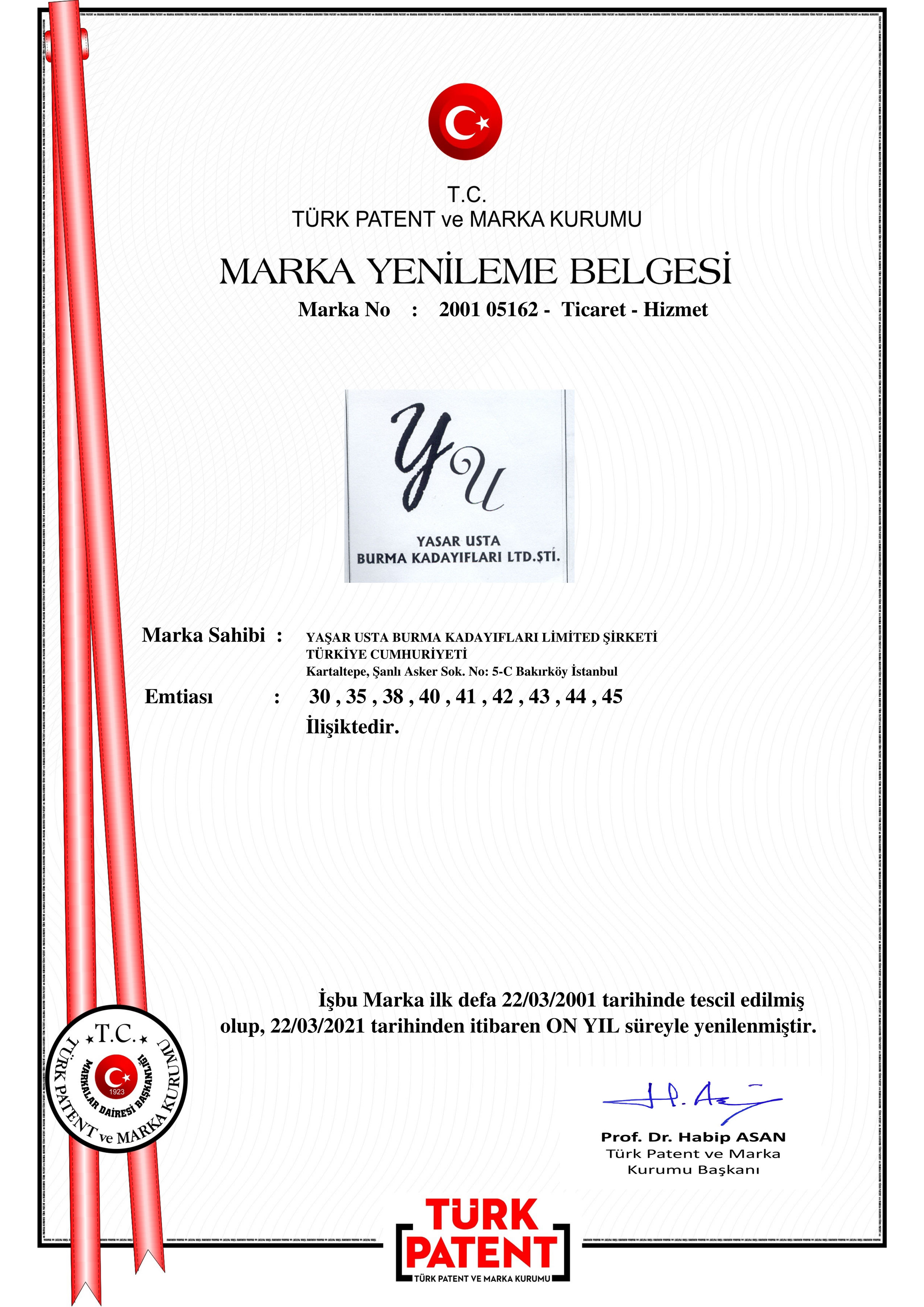 YU Yaşar Usta Burma Kadayıfları Ltd. Şti. Marka Tescil Belgesi