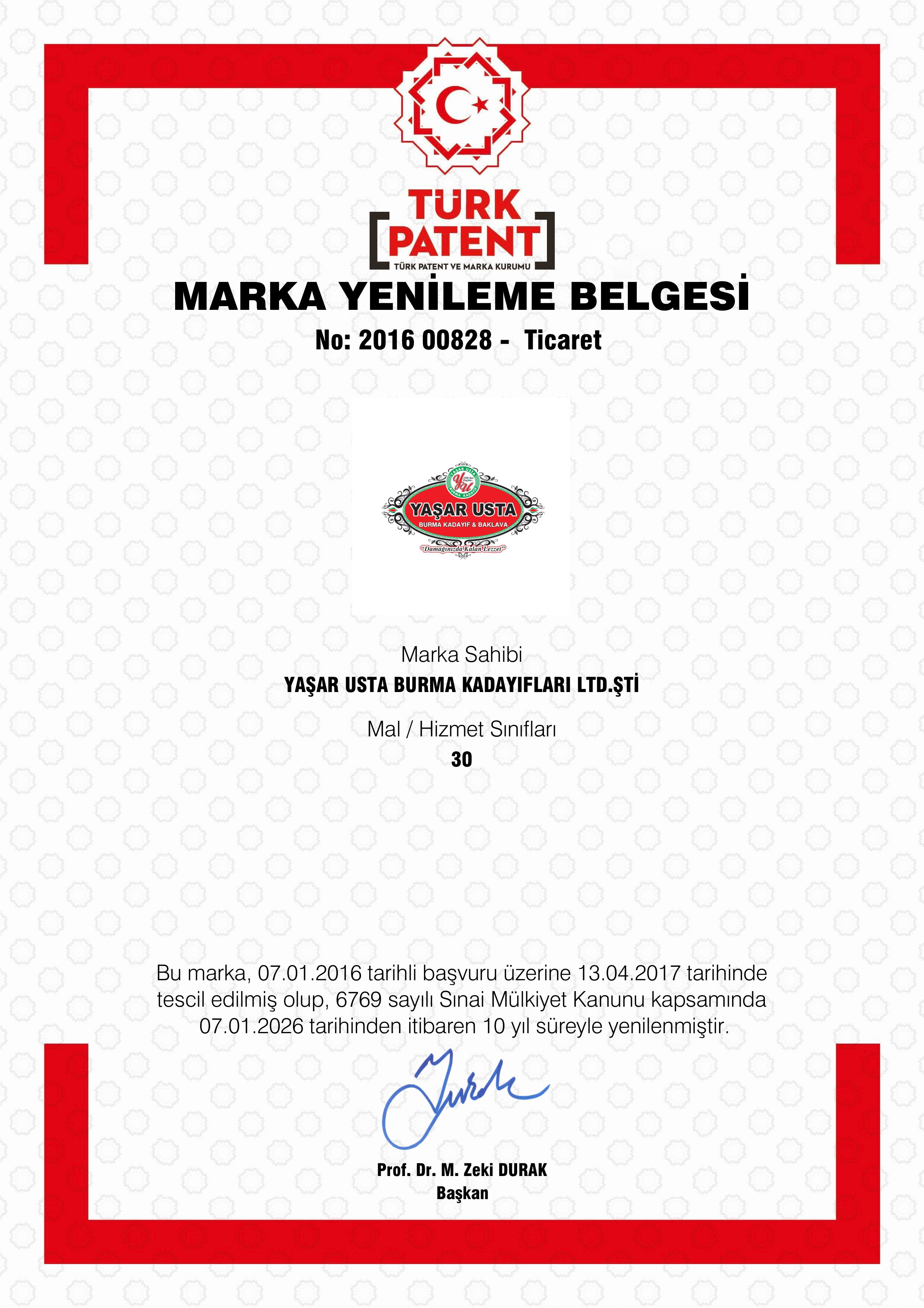 Yaşar Usta Burma Kadayıf ve Baklava — Damağınızda Kalan Lezzet Marka Tescil Belgesi