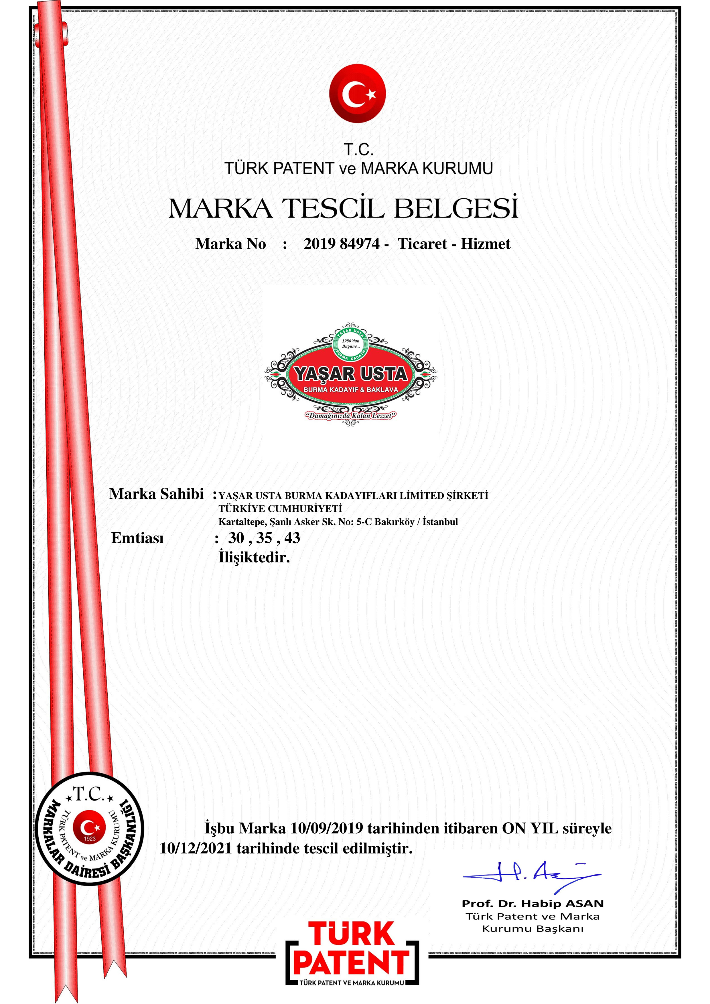 Yaşar Usta Burma Kadayıf ve Baklava Marka Tescil Belgesi