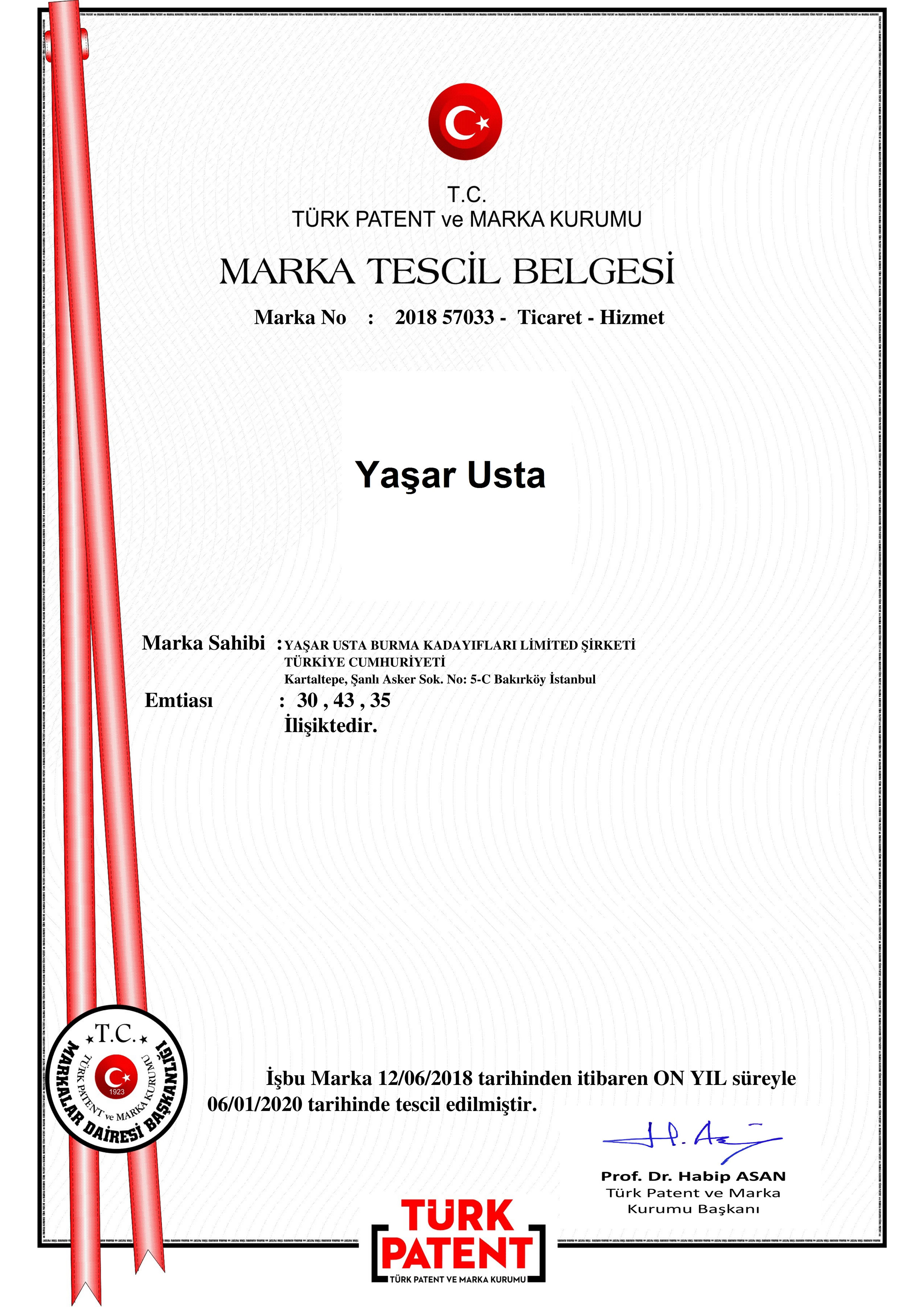Yaşar Usta Marka Tescil Belgesi