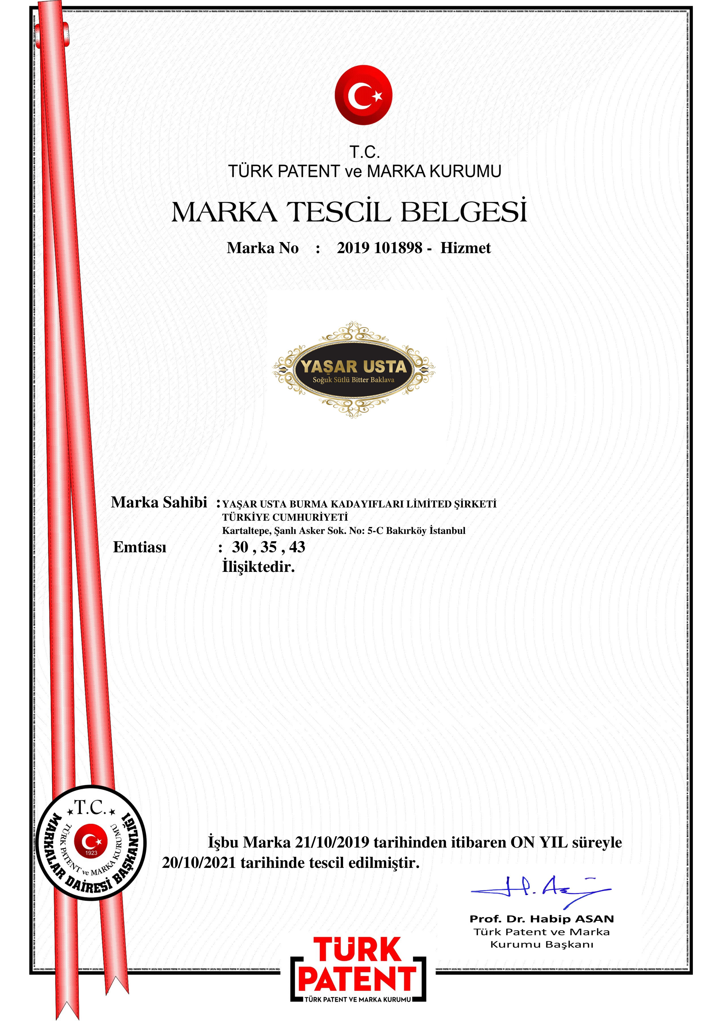 Yaşar Usta Soğuk Sütlü Bitter Baklava Marka Tescil Belgesi