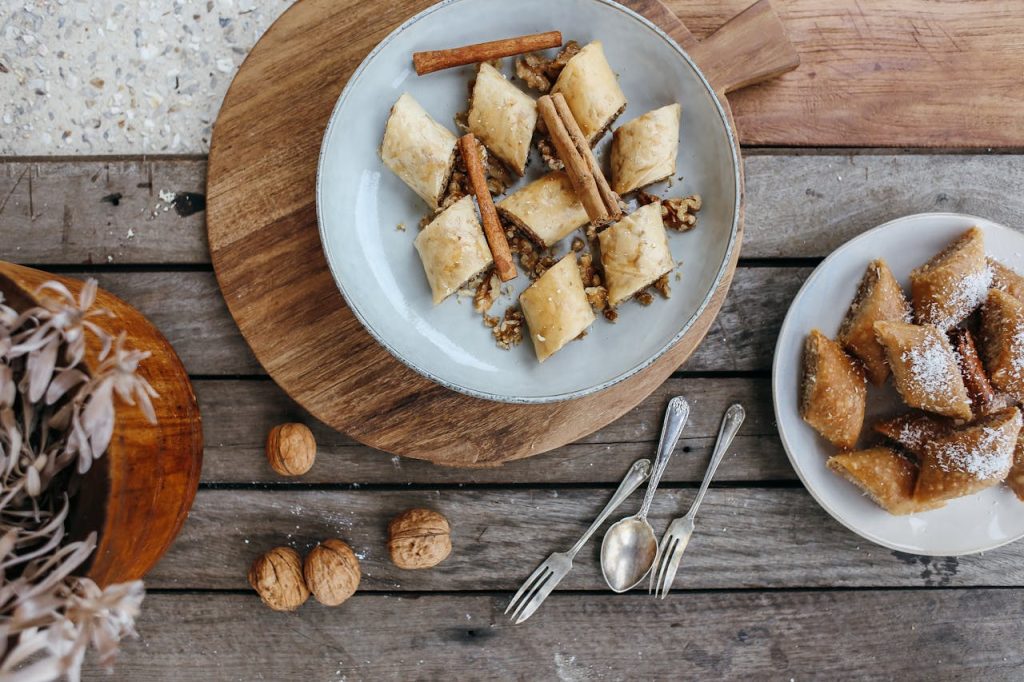 Top View of Baklava on Wooden and Concrete Table